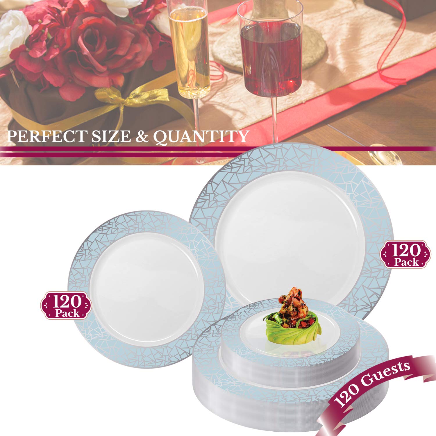 Elegant Disposable Plastic Plates 240 Count - 120 Heavy Duty Dinner Plates & 120 Dessert Salad Appetizer Plates - White with Blue Silver Mosaic Rim - Bulk Party Supplies for Wedding, Birthday, BBQ, Picnic, Holiday & Special Events - Perfect for Indoor/Outdoor Gatherings & Catering