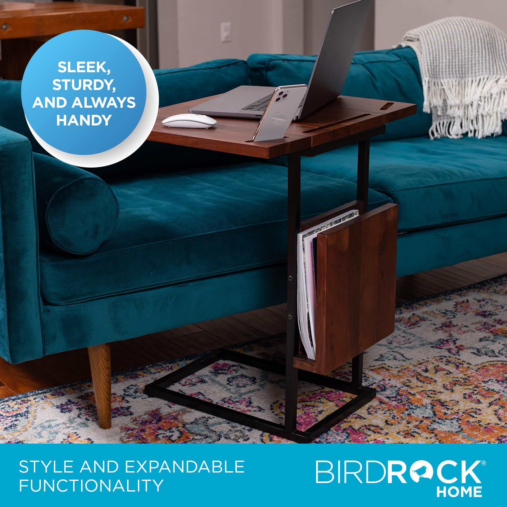 BIRDROCK HOME Acacia Wood Expandable C-Shaped Side Table with Phone & Tablet Holder - Laptop TV Tray Desk for Couch, Bed & Sofa - Snack End Table for Living Room & Office - Perfect for Reading, Working & Relaxing