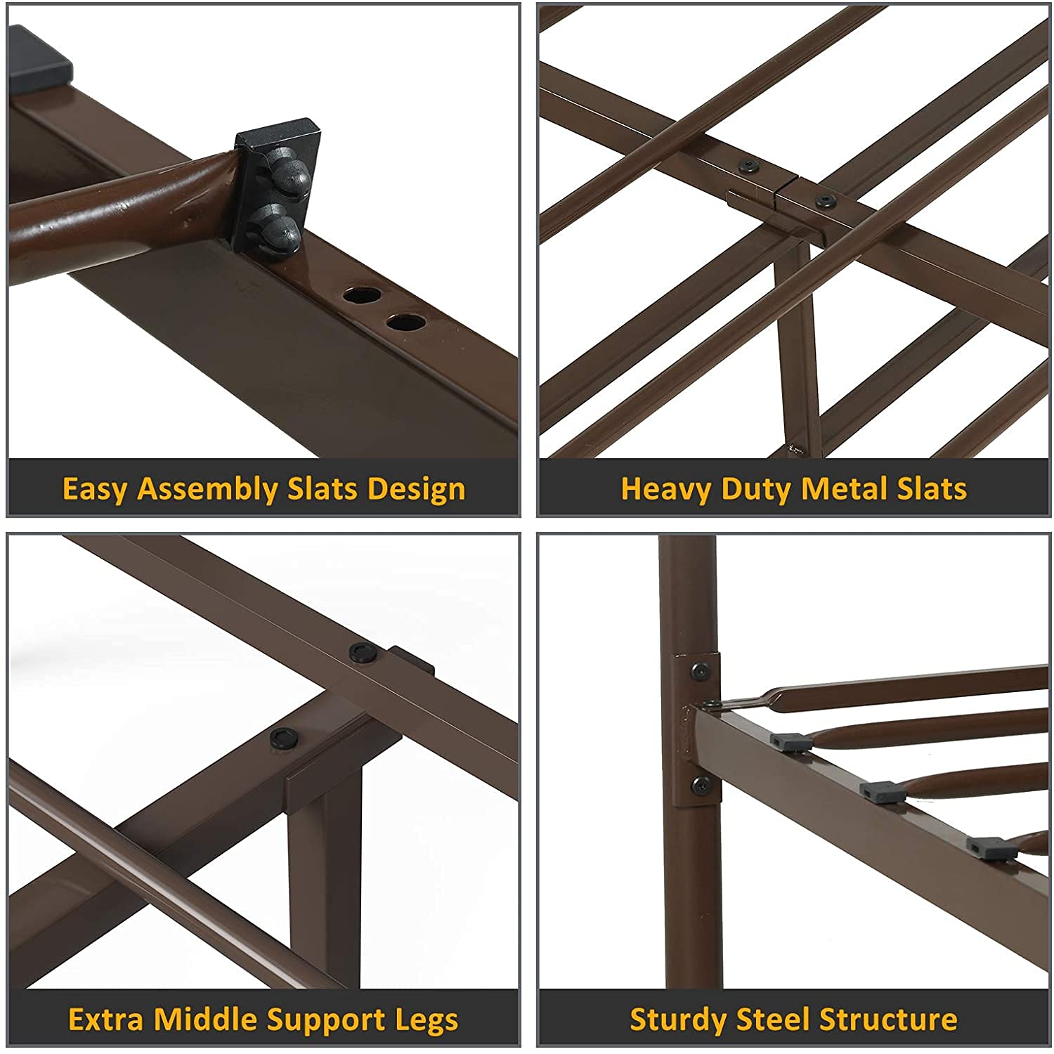 Queen Metal Bed Frame with Headboard & Footboard - Sturdy Steel Farmhouse Bedframe, No Box Spring Needed, Under Bed Storage - Perfect for Kids' Rooms, Guest Bedrooms & Small Spaces (Brown)