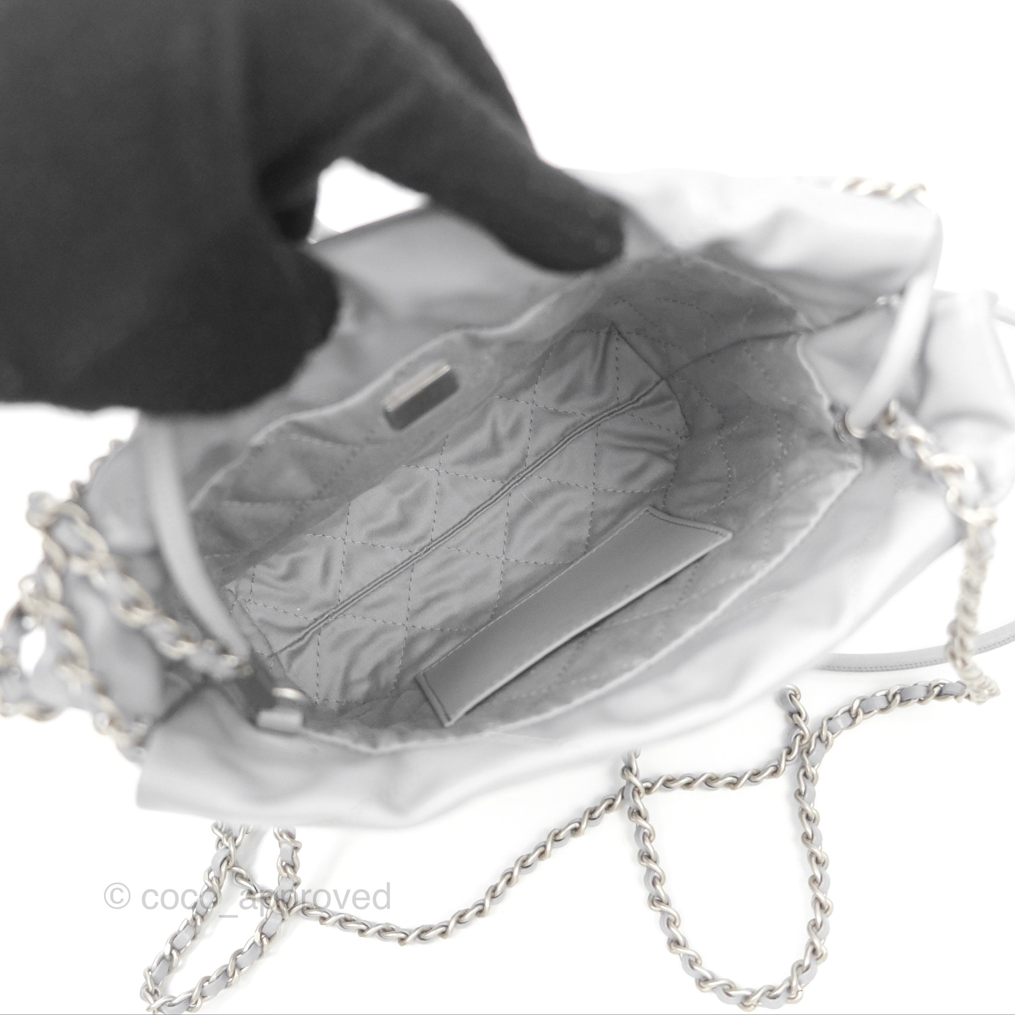 Chanel 22 Mini Bag Light Grey Shiny Crumpled Calfskin with Matte Silver Hardware - Luxury Crossbody Purse for Women, Perfect for Date Night & Evening Events
