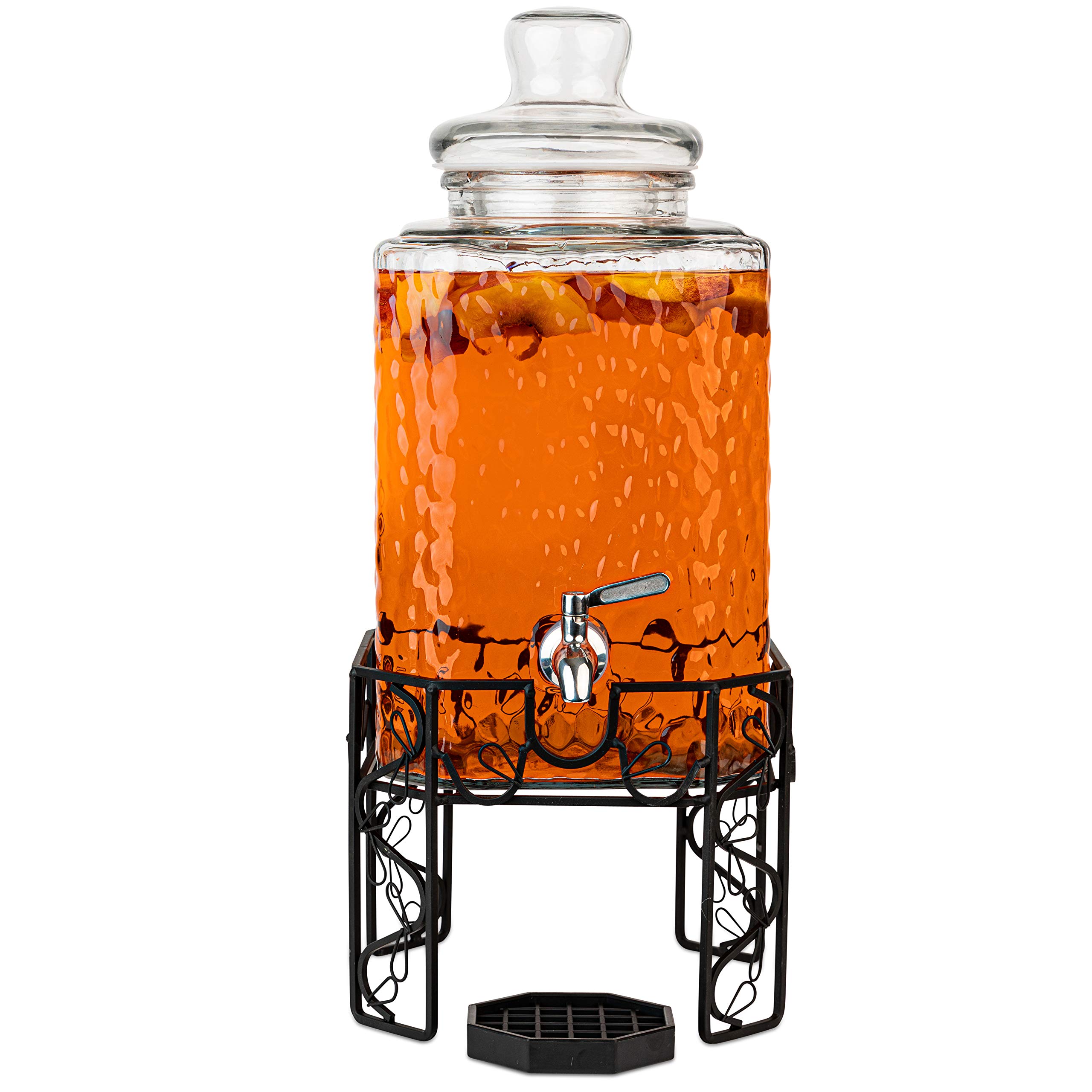 2.5 Gallon Glass Beverage Dispenser with Stainless Steel Spigot, Metal Stand & Drip Tray - Mason Jar Style Drink Dispenser for Parties, Weddings, BBQs - Perfect for Iced Tea, Lemonade, Water & Punch - Great for Outdoor Events, Catering & Home Entertaining