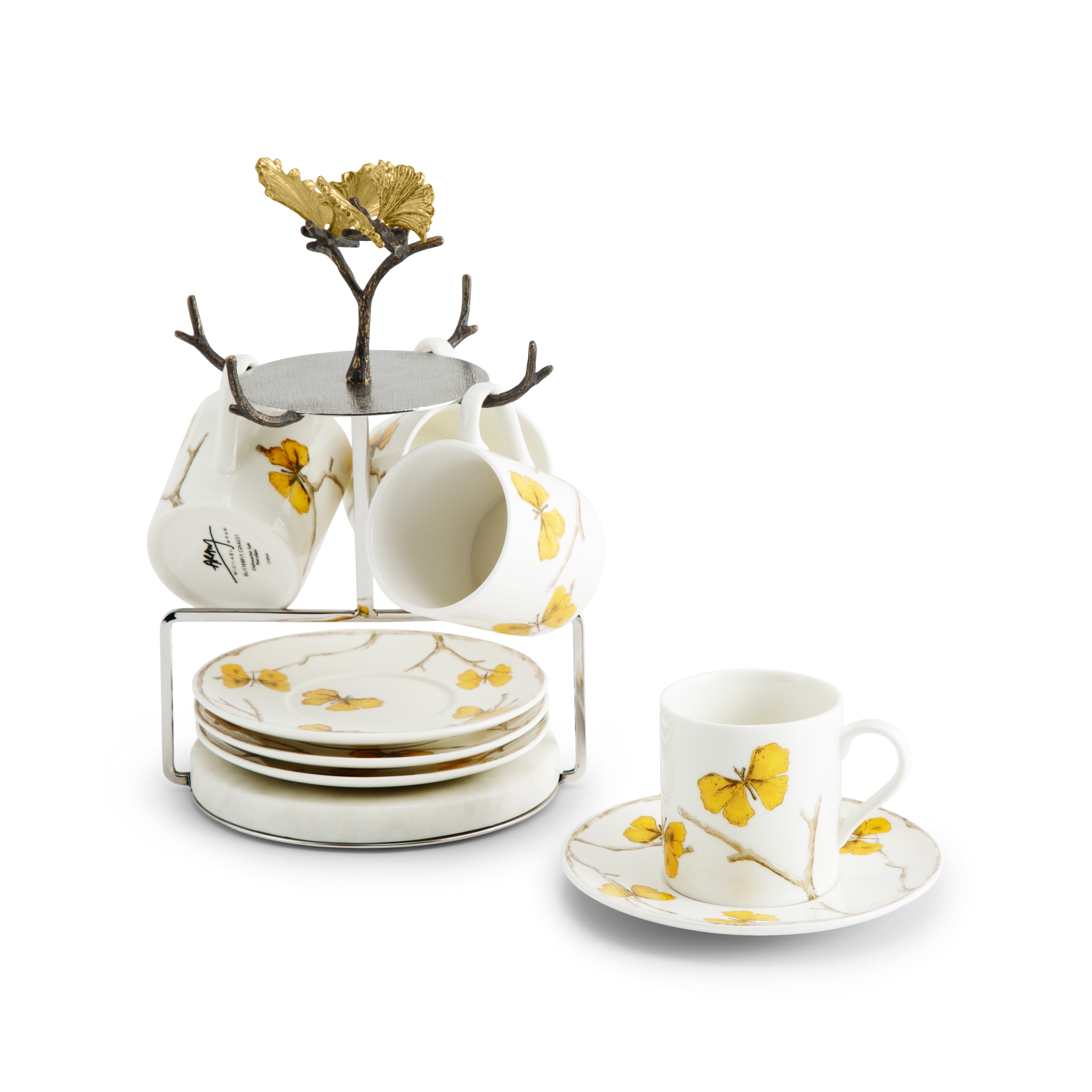Butterfly Ginkgo Gold Demitasse Espresso Cups - Elegant Japanese-Inspired Tea & Coffee Set for Home, Cafe, or Gift Giving