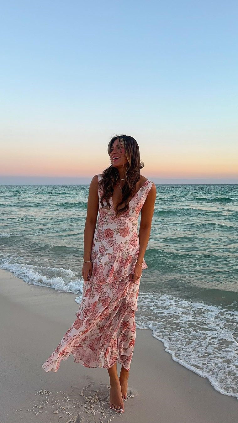 Adalinde Women's Maxi Dress - Floral Print Long Dress, Peach Color, Summer Boho Dress for Beach, Vacation, and Casual Wear