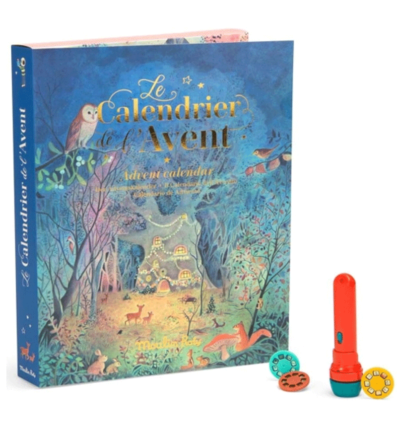 Advent Calendar with La Grande Famille Storybook Torch by Moulin Roty - Christmas Countdown Gift for Kids, Family Storytime Activity