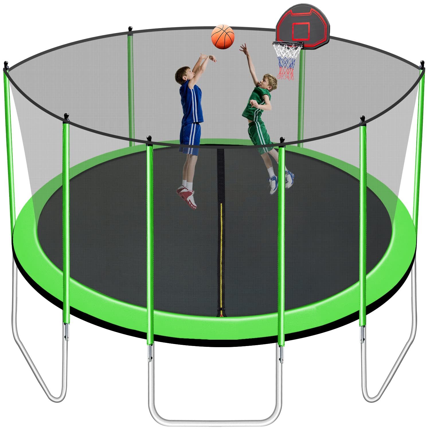 Goujxcy 10-12 FT Heavy Duty Outdoor Trampoline for Adults & Kids (4-7) with Basketball Hoop, Safety Enclosure Net, Sprinkler, Water Balls, LED Lights & Bluetooth Speaker - ASTM/CPC/CPSIA Certified - Perfect for Backyard Fun, Exercise & Family Bonding