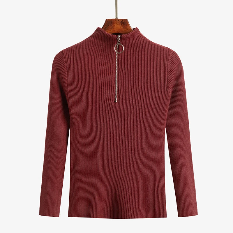 Vintage Solid Knitted Long Sleeve Zip-Up Half Turtleneck Sweater for Women - Cozy Winter Pullover for Casual Outfits & Office Wear