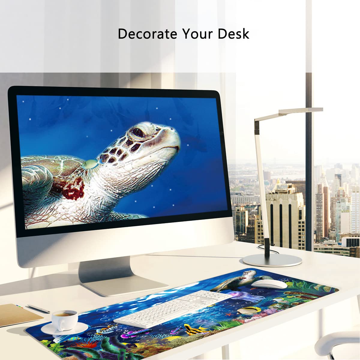 Extra Large Gaming Mouse Pad 35.5x15.8 Inch - Blue Underwater World Turtle Design XXL Mouse Mat for PC, Laptop & Office Desk - Perfect for Gamers, Work & Home Office Setup