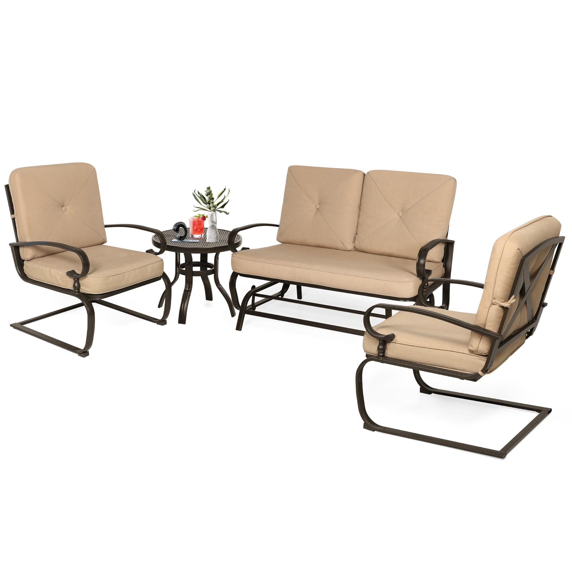 4Pcs Outdoor Metal Patio Furniture Set - Wrought Iron Glider, Bistro Table & 2 Spring Lounge Chairs (Brown) - Perfect for Garden, Backyard & Porch Relaxation