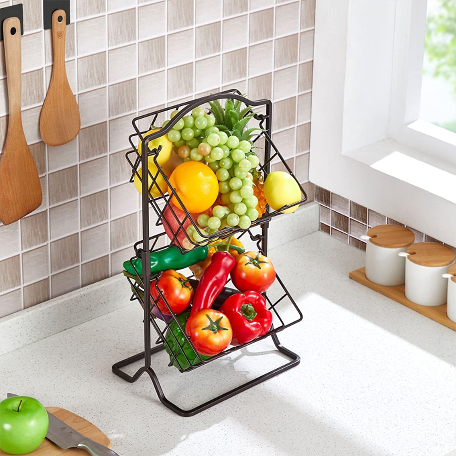 2-Tier Detachable Iron Wire Fruit Basket - Farmhouse Style Kitchen Countertop Organizer for Fruits, Potatoes & Vegetables | Perfect for Pantry, Dining Table & Farmhouse Decor