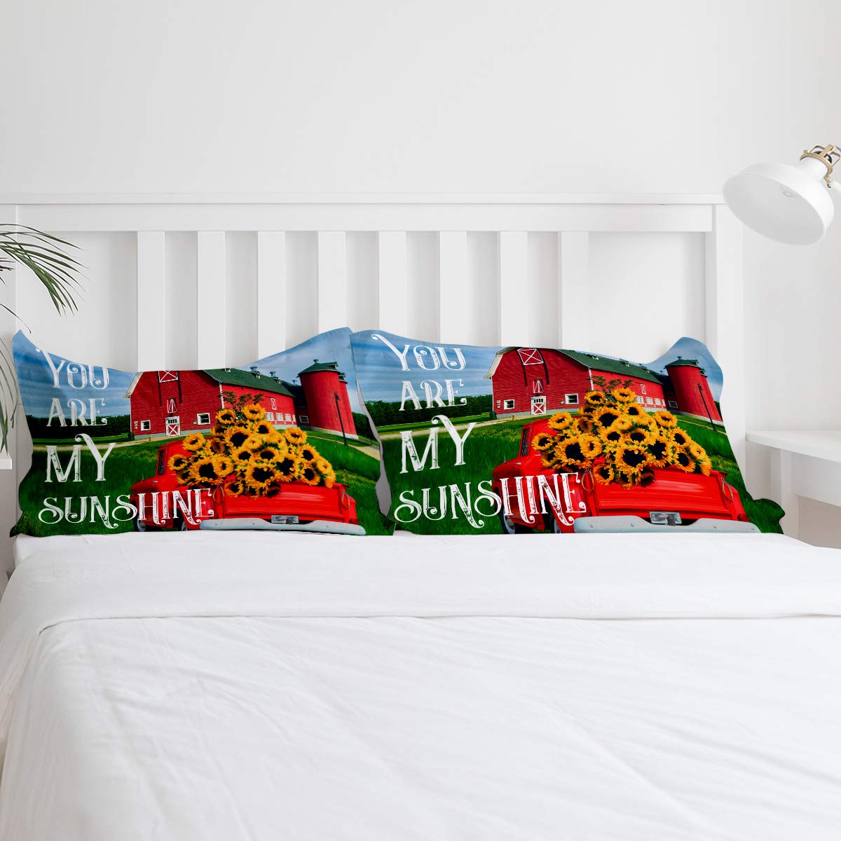 You Are My Sunshine Red Truck with Sunflower Queen Comforter Set - 4 Piece Lightweight Microfiber Duvet Cover & Soft Bedding Set for Adults & Teens - Farmhouse Red Barn Country Decor for Cozy Bedroom Retreat