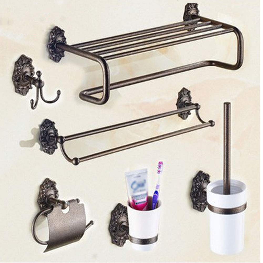 Vintage Brass Toilet Paper Holder Set of 6 - Antique Bathroom Accessories Kit with Towel Rack, Hook, Rail, Toothbrush & Toilet Brush Holder - Wall Mounted Retro Style for Classic Bathroom Decor (Black Antique Finish) - Perfect for Vintage Themed Bathrooms, Guest Suites & Luxury Home Renovations