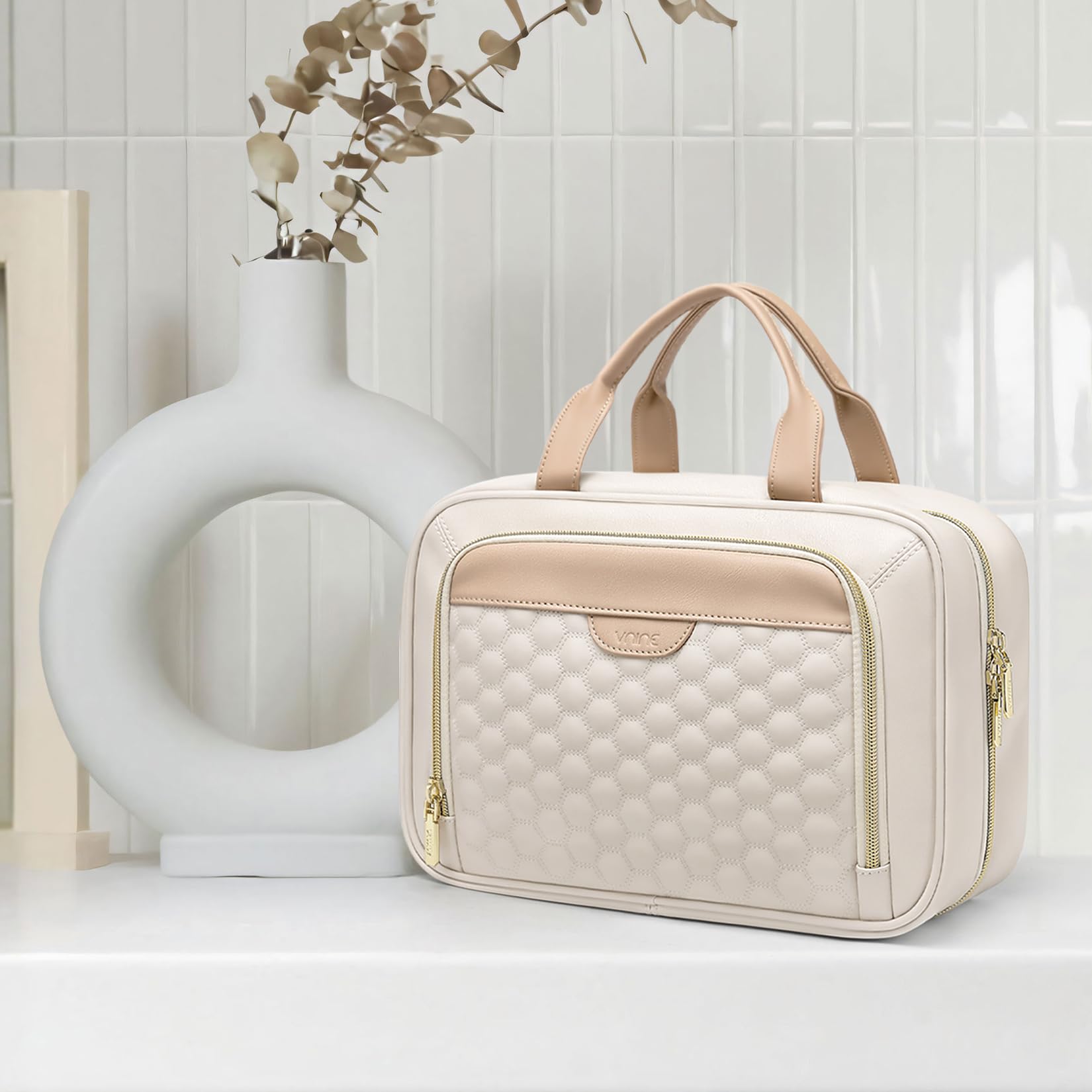 Vegan Leather Cosmetic Travel Bag for Women - Water-Resistant Toiletry Organizer with Multiple Pockets - Perfect for Vacation, Gym & Airplane Essentials (White)