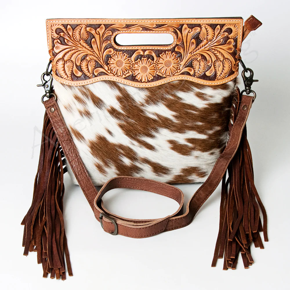 American Darling Brown and White Fringe Leather Purse - Stylish Boho Crossbody Bag for Women, Perfect for Parties, Concerts & Festivals