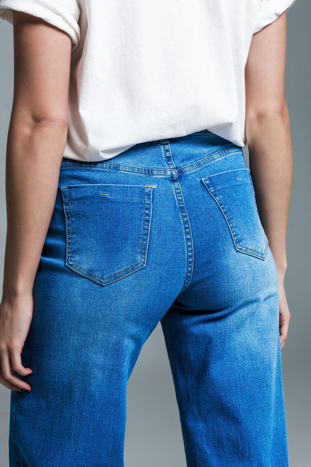 Medium Wash Jeans Style Palazzo Pants with Double Stitched Hem - Perfect for Casual Outfits & Boho Chic Looks