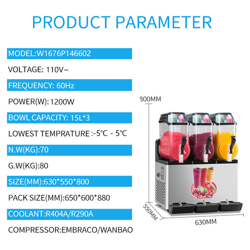 110V Commercial Slushy Machine 45L 3-Tank Stainless Steel Margarita & Frozen Drink Maker with Powerful Compressor - 1100W High Efficiency Cooling System for Supermarkets, Cafes, Restaurants, Bars, Parties & Outdoor Events