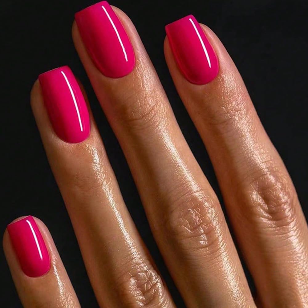 Glamermaid Short Press on Nails - Handmade Hot Pink Fake Nails with Medium Square Shape & UV Jelly Finish | Reusable Acrylic False Nail Kit with Glue for Women | Perfect for Parties, Weddings & Everyday Wear