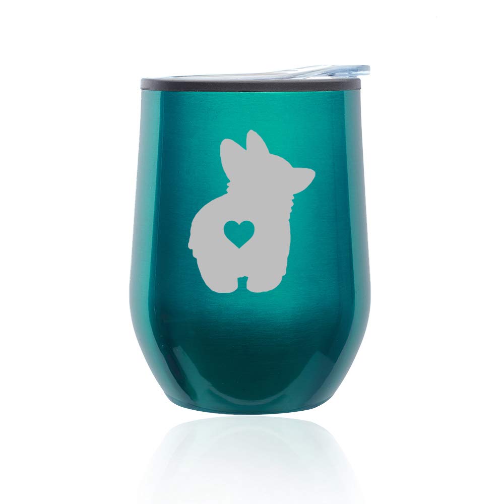 Stemless Wine Tumbler with Lid - 16oz Insulated Coffee Travel Mug, Corgi Butt Design in Turquoise Teal - Perfect for Hot/Cold Drinks, Office, Picnics & Gifts