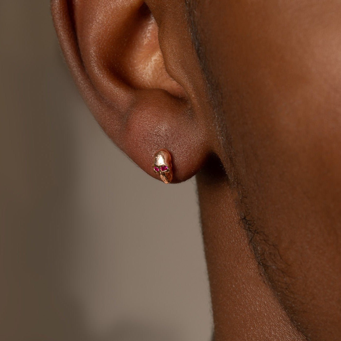 14K Rose Gold Pink Ruby Eye Skull Flat Back Stud Earrings - Gothic Jewelry for Women, Perfect for Halloween, Costume Parties & Punk Fashion