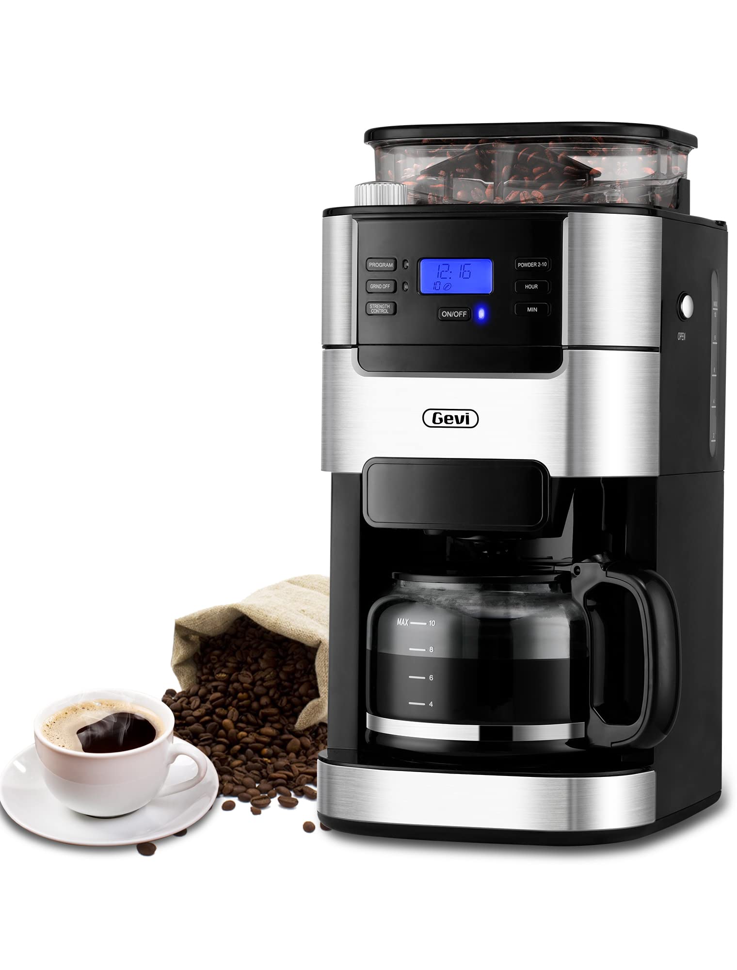 10-Cup Drip Coffee Maker with Built-In Burr Grinder - Automatic Grind & Brew Coffee Machine, Programmable Timer, 1.5L Water Tank & Keep Warm Plate - 900W Black Aluminum - Perfect for Home, Office & Entertaining
