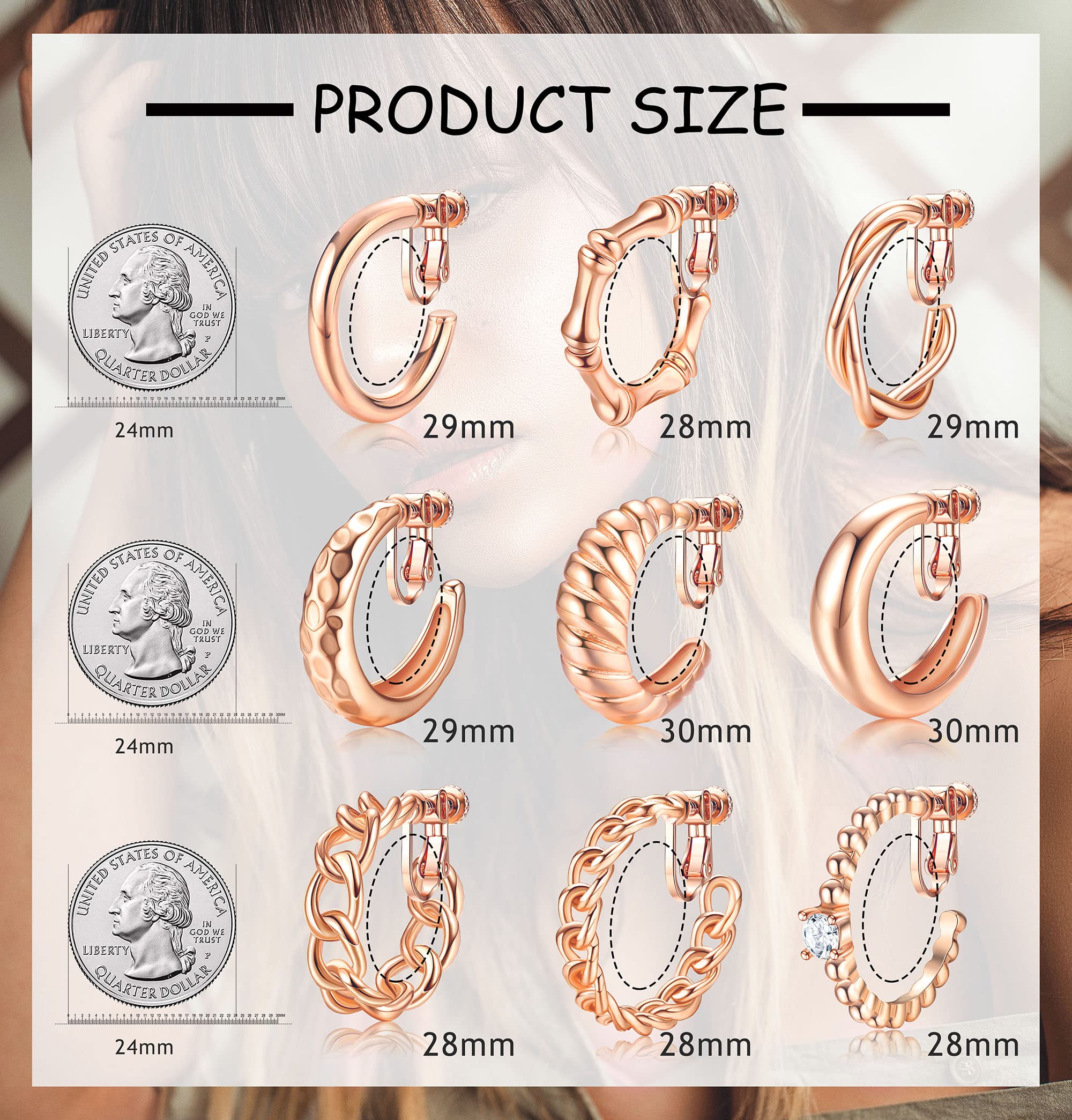 14K Gold Clip On Earrings for Women - 9 Pairs Chunky Hoop Earrings Set with Twisted Round Chain Link Design | Hypoallergenic Non-Piercing Fake Earrings | Perfect for Parties, Weddings & Everyday Wear