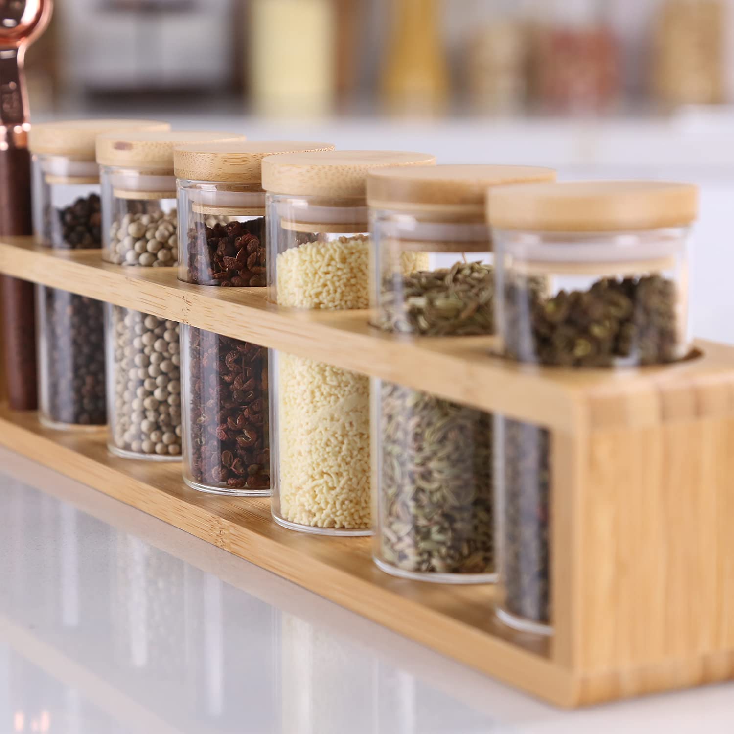 KKC HOME ACCENTS 6-Piece Glass Spice Jars Set with Bamboo Lids, Wooden Rack & Measuring Spoon - 3.4oz Airtight Kitchen Spice Containers for Countertop Organization | Perfect for Cooking, Baking & Pantry Storage