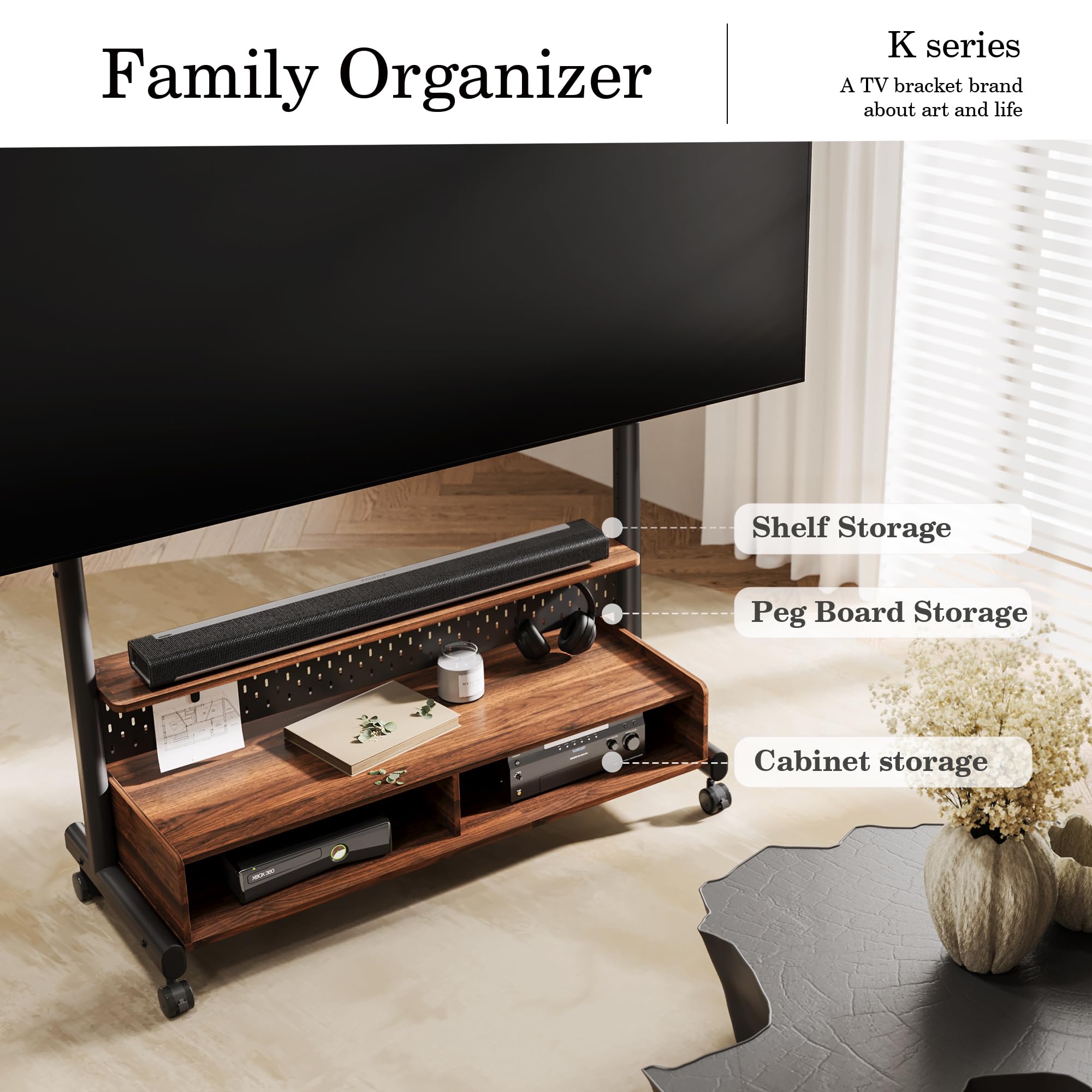 FITUEYES Heavy Duty Rolling TV Stand for 70-100 Inch Flat/Curved Screens - Mobile Corner TV Cart with Wooden Storage Shelf Holds Up to 176 lbs - Perfect for Living Room, Bedroom, or Home Theater Setup