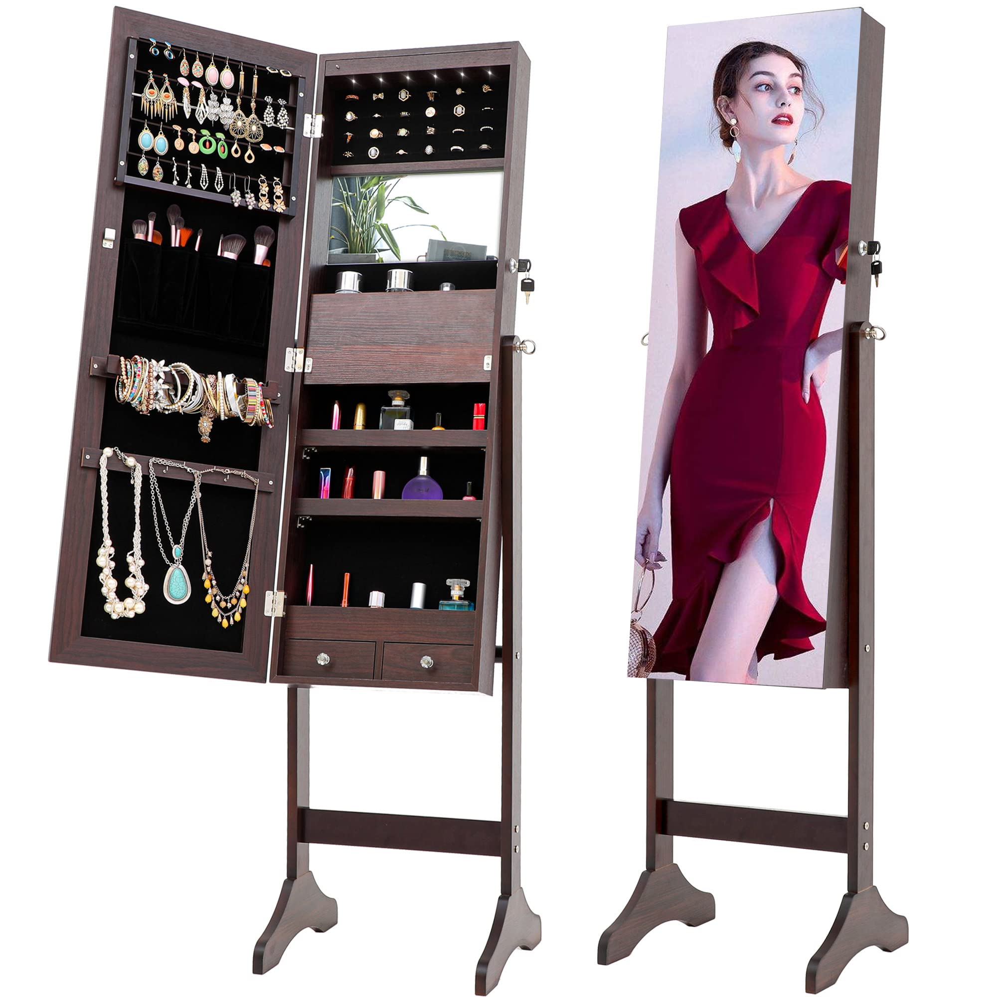 LED Jewelry Cabinet with Mirror - 6-Light Vanity Jewelry Box & Organizer for Earrings, Necklaces, Bracelets, Watches, Rings & Sunglasses | Free Standing Jewelry Armoire | Perfect Gift for Women, Wife & Daughter | Bedroom Dresser & Closet Storage Solution