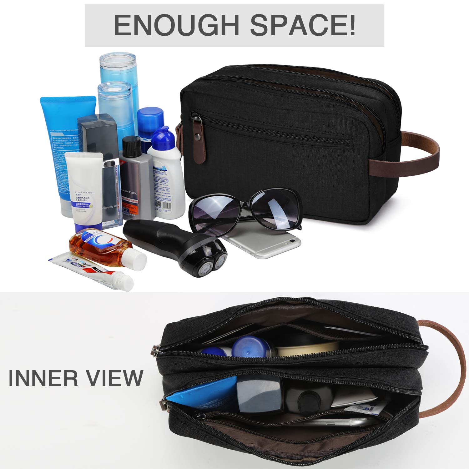 Water-Resistant Men's Travel Toiletry Organizer Bag - Shaving Dopp Kit & Bathroom Storage Pouch (Black) - Perfect for Camping, Gym & Business Trips