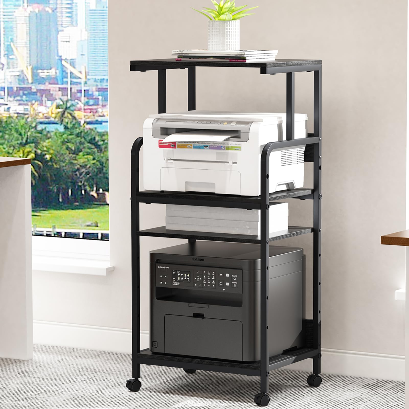 4 Tier Printer Stand with Storage Shelf - Large Mobile Printer Cart with Wheels for Home Office - Adjustable Printer Table for Heat Press, Scanner & Fax - Black (Perfect for Small Spaces & Office Organization)