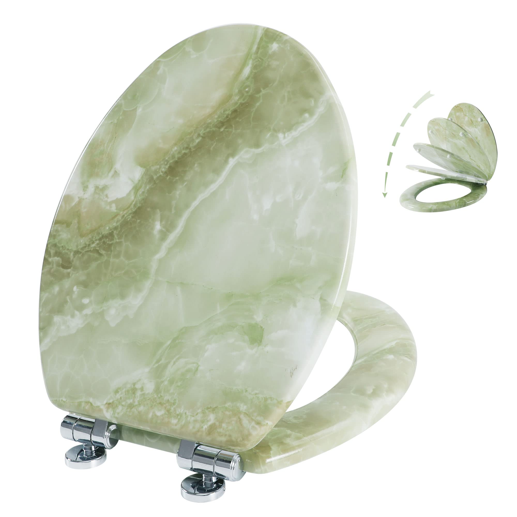 Durable Molded Wood Elongated Toilet Seat with Quiet Close, Easy Clean & Quick-Release Hinges - Green Marble Design | Perfect for Bathroom Upgrade, Home Renovation & Modern Decor