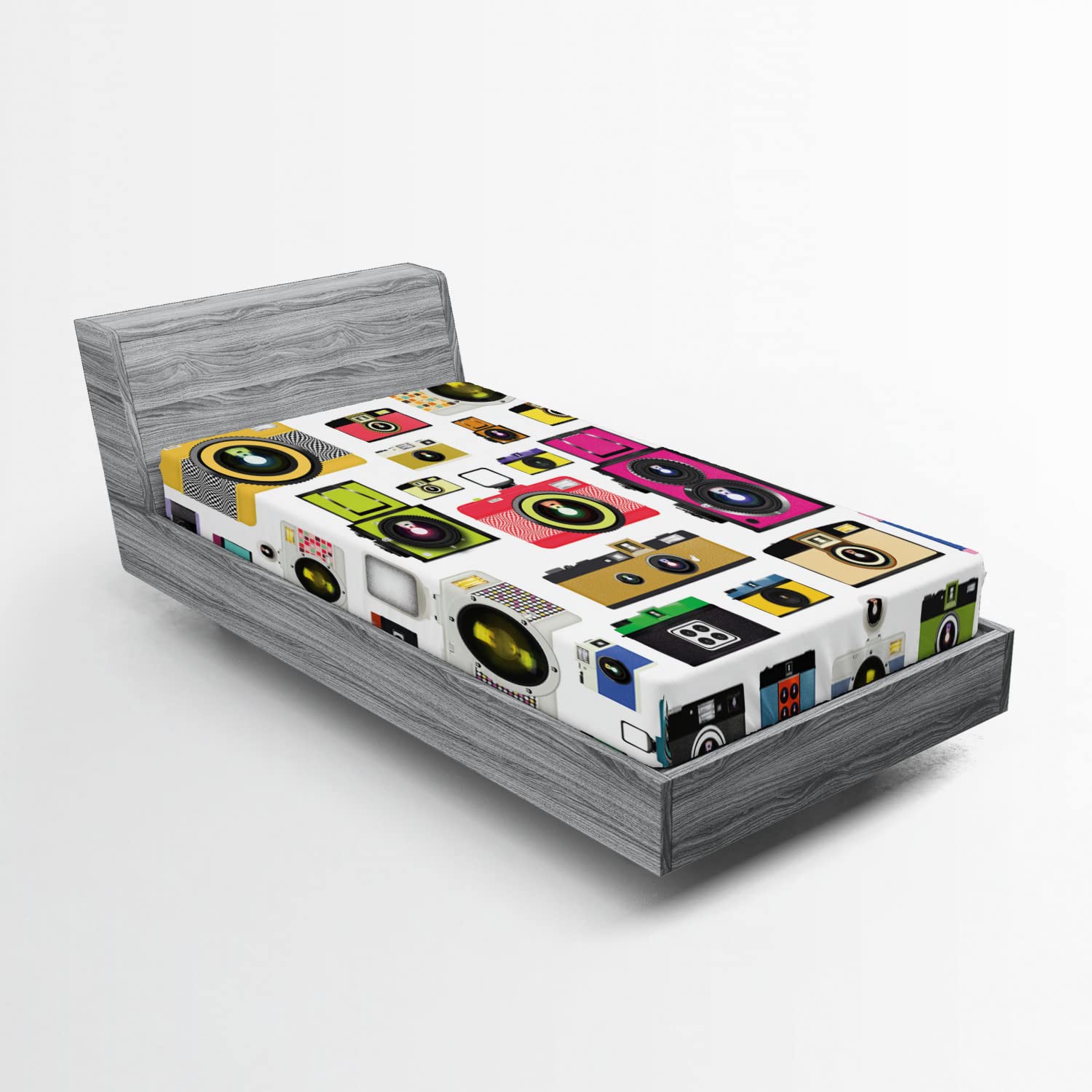 Ambesonne Vintage Fitted Sheet - Old Fashioned Photo Cameras Hobby Studio Themed Design - Deep Pocket Elastic Twin XL Bed Cover - Multicolor - Perfect for Photography Enthusiasts & Vintage Decor Bedrooms
