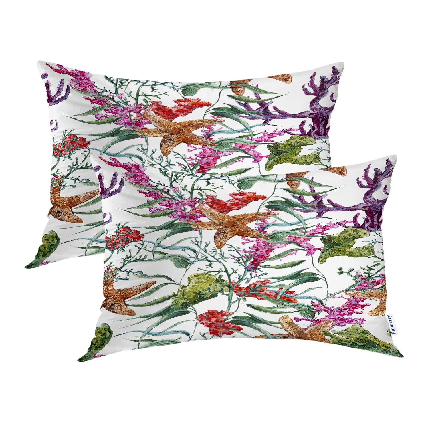 Batmerry Colorful Coral Pillowcases - Nautical Marine Organism Decorative Bed Pillow Covers, Digital Print Blended Fabric with Hidden Zipper (20x26 Inches) for Beach House, Coastal Bedroom & Ocean-Themed Decor