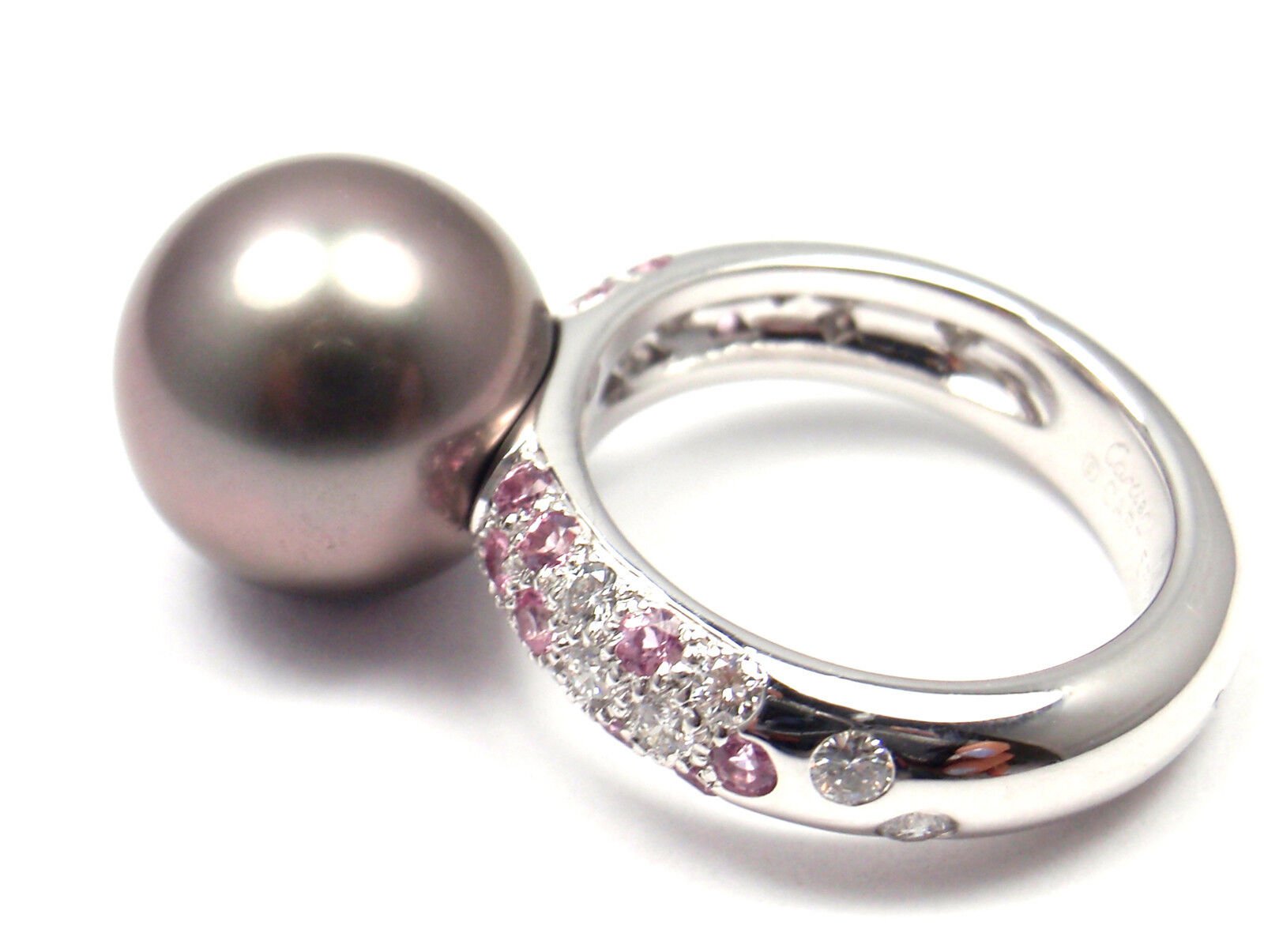 Authentic Cartier 18K White Gold Tahitian Pearl Diamond Pink Sapphire Ring for Women - Luxury Jewelry Gift for Anniversary, Valentine's Day & Special Occasions
