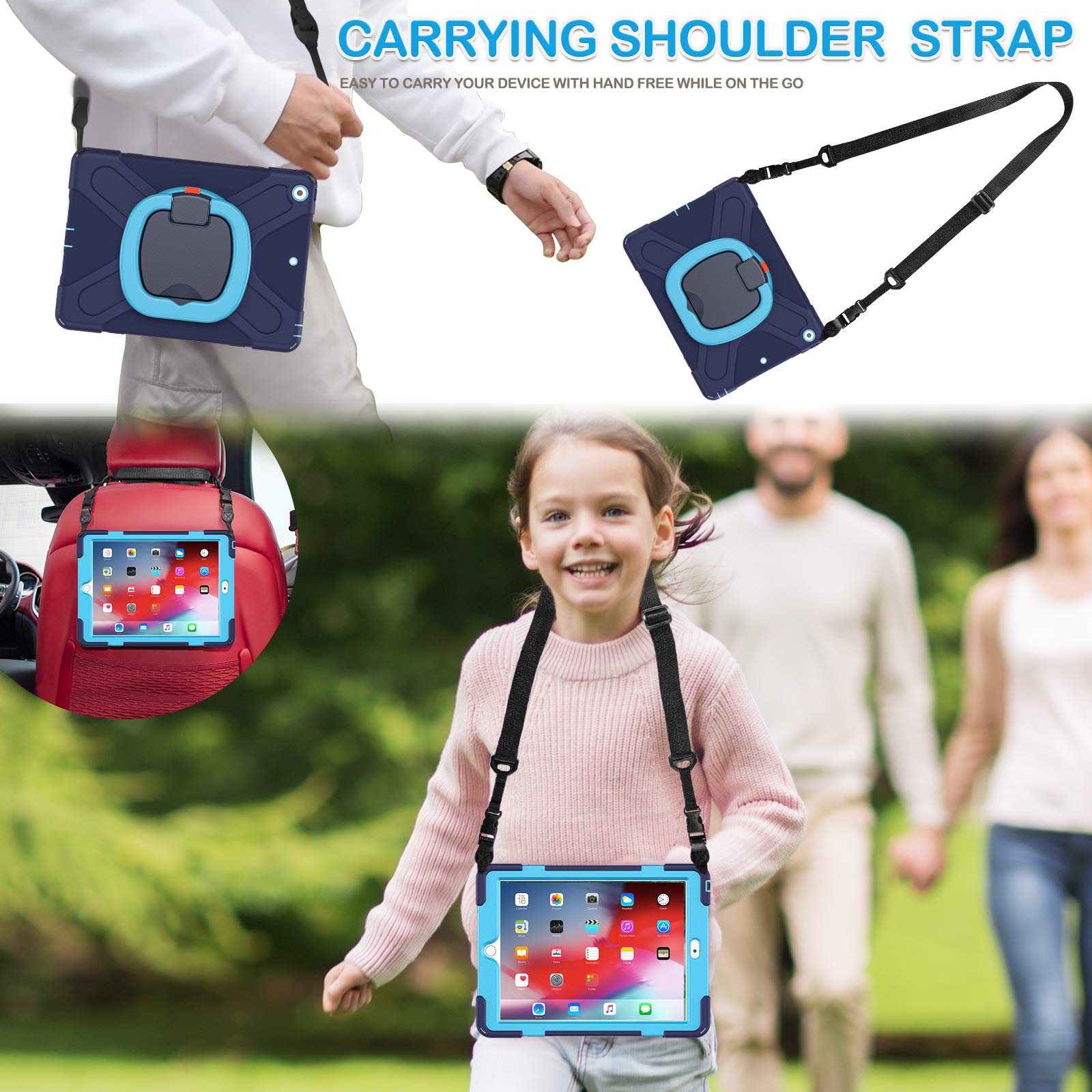 BATYUE Rugged iPad Case for 9th/8th/7th Gen 10.2-inch iPad (2021/2020/2019) with Screen Protector - Rotating Stand, Pencil Holder & Shoulder Strap - Navy Blue - Perfect for Work, Travel & School Use