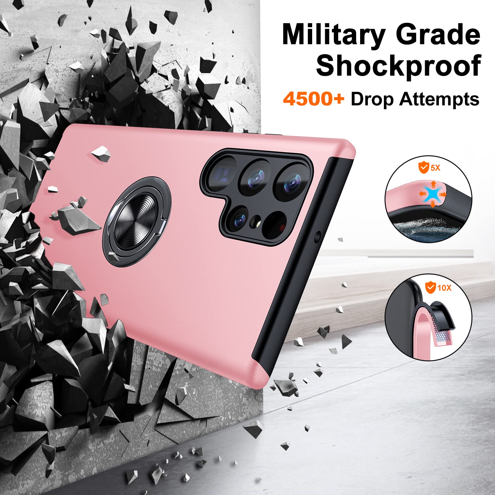 Slim Soft Protective Case for Samsung Galaxy S22 Ultra with Invisible Ring Holder & Kickstand - Pink | Shockproof Bumper Cover for Daily Use, Work & Travel