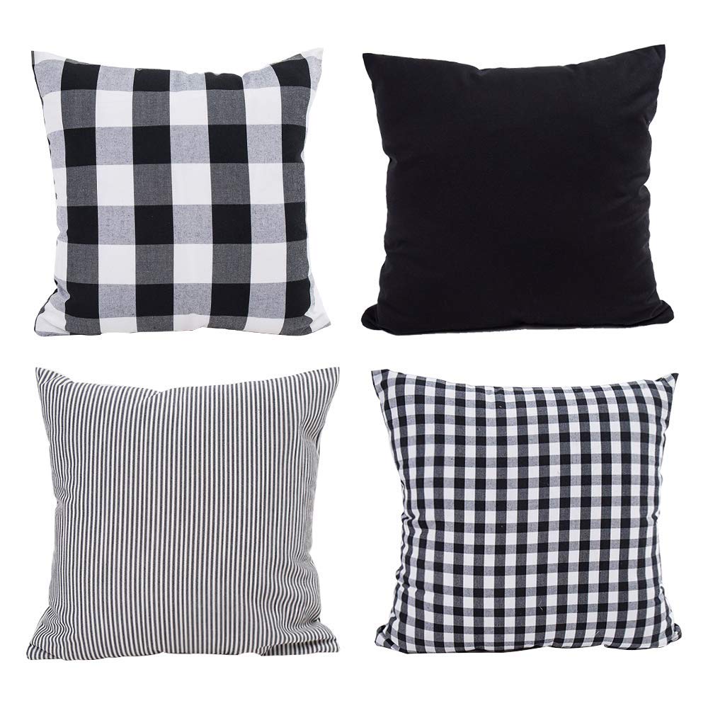 HOPLEE 22x22 Inch Black Throw Pillow Covers Set of 4 - Buffalo Plaid & Gingham Stripe Design for Sofa, Couch, Bedroom Decor - Soft Decorative Pillows for Living Room, Home, Office