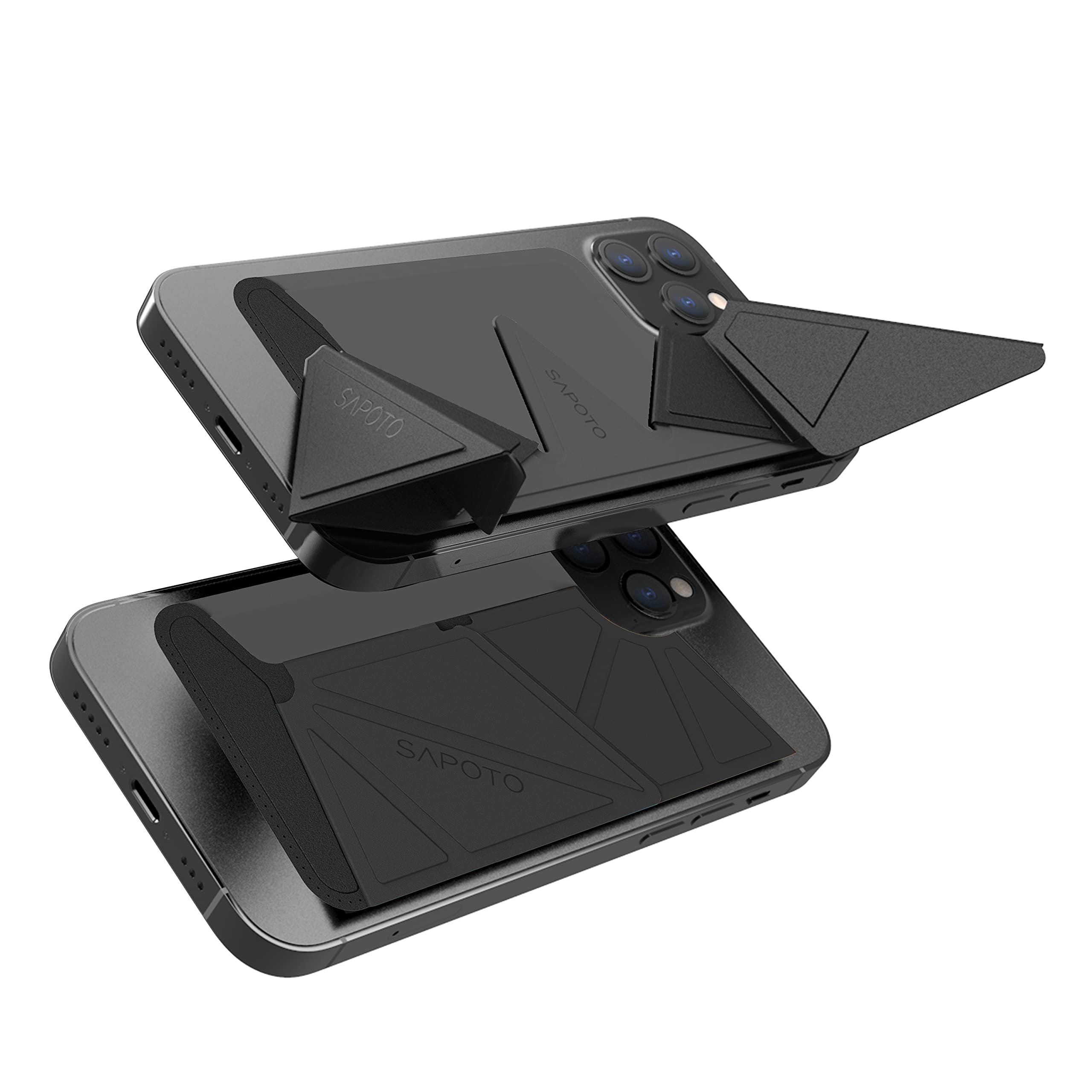 Foldable Phone Grip Gamepad with Reusable Adhesive - Multi-Angle Adjustable Phone Stand & Card Holder Wallet for iPhone Android Smartphones (Black) - Perfect for Gaming, Watching Videos & Hands-Free Calls