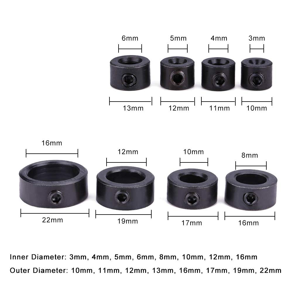 8-Piece High Carbon Steel Drill Stop Collar Set (3-16mm) - Woodworking & Metalworking Depth Gauge with Hex Wrench - Perfect for Precise Drilling in DIY Projects, Furniture Making & Construction Work