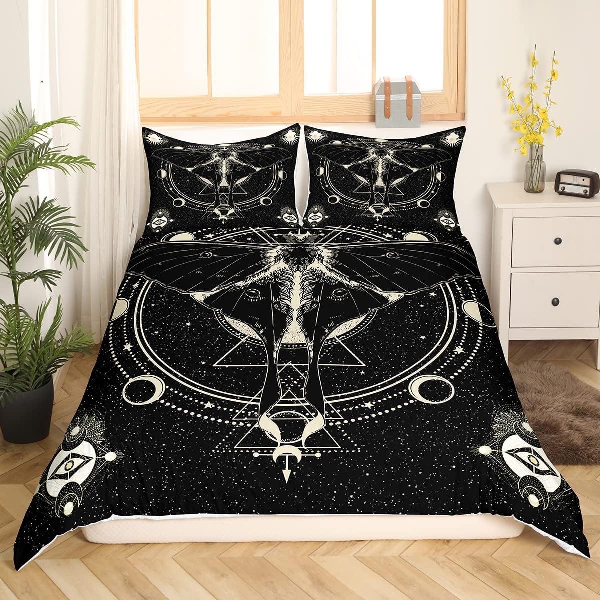 Castle Fairy Death Moth Queen Size Bedding Set - Stars & Moon Phase Space Themed Duvet Cover with 2 Pillowcases | Soft Microfiber Comforter Cover for Kids' Bedroom Decor | Perfect Gift for Fantasy & Gothic Aesthetic Lovers