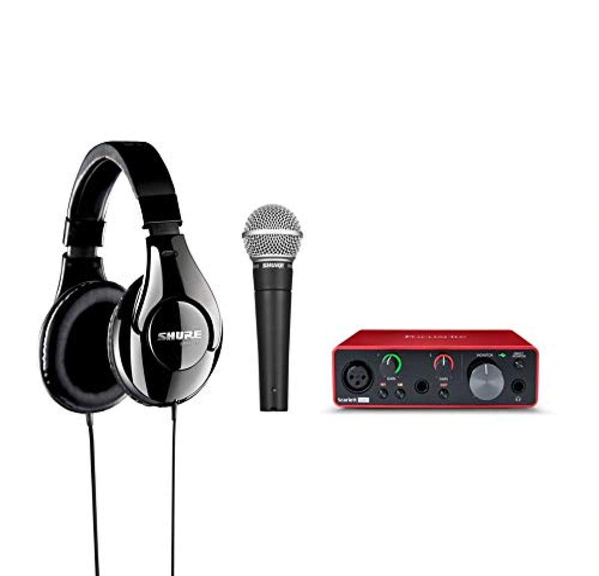 Shure & Focusrite Guitar and Vocal Recording Bundle - Scarlett Solo Audio Interface, SM58 Mic, 25ft XLR Cable, SRH240A Headphones | Professional Studio & Home Recording Setup for Musicians
