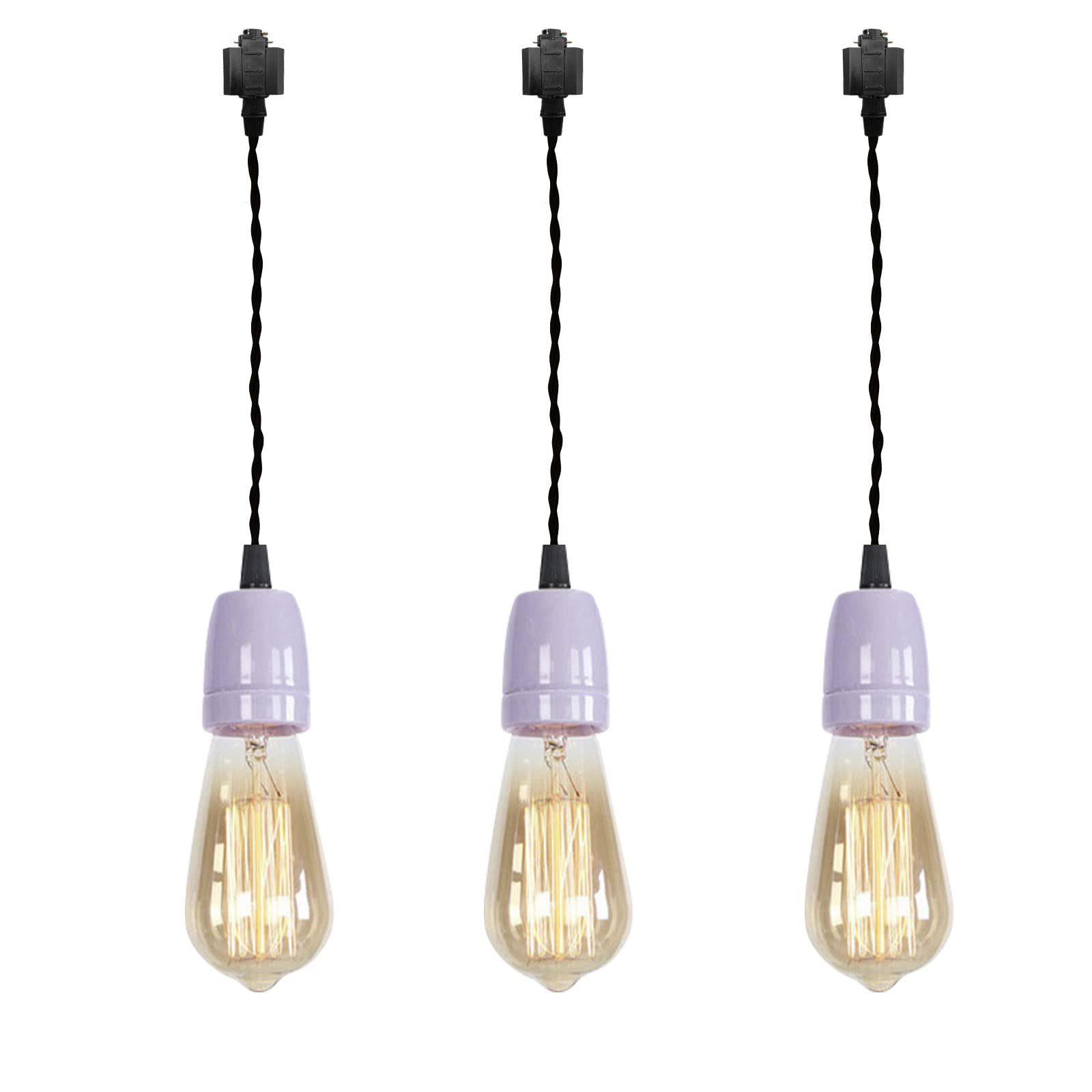 3-Lights H Track Lighting - Purple Ceramic E26 Base Pendant Light Fixture with 3.2 ft Black Twisted Cord - Retro Industrial Design for Entryway, Dorm, Loft, Corridor & Living Room - No Bulb or Track Included - Perfect for Modern Home Decor, Cafe Lighting & Vintage Style Interiors