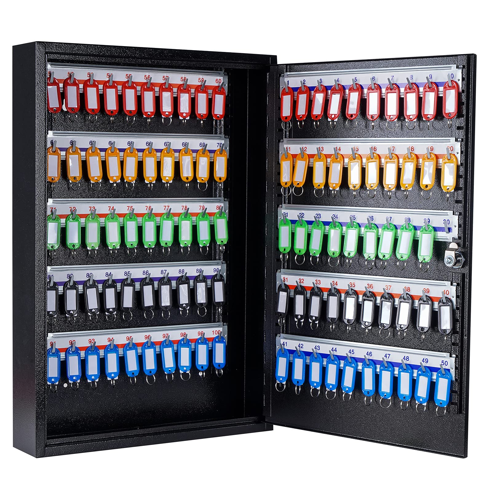 UMEKEN 100-Key Metal Valet Cabinet - Secure Key Organizer Lock Box with Tags for Home, Office & Hotel (Black, 14.96x3.15x21.65 inches) - Perfect for Property Management, Housekeeping & Key Storage Solutions