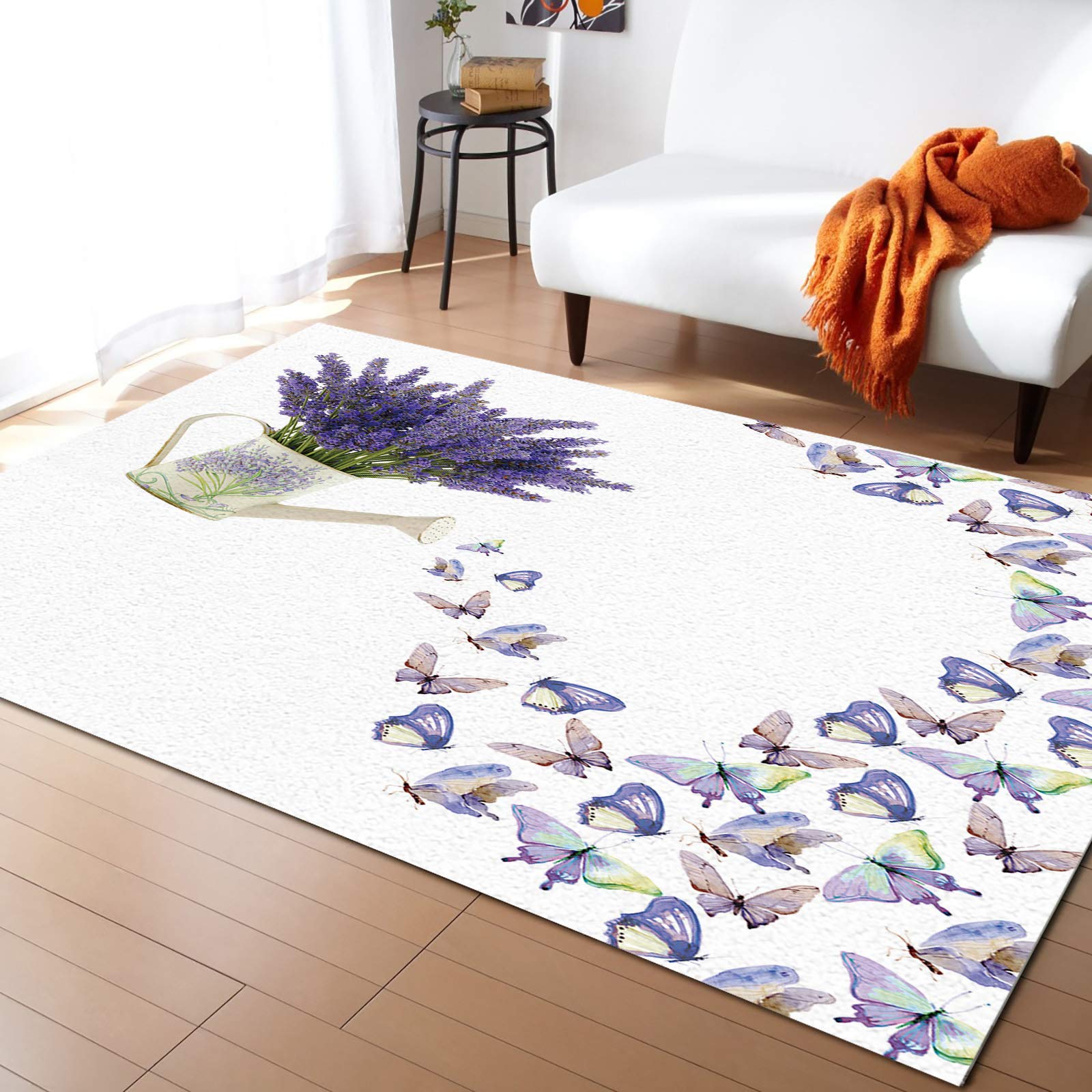 Non-Slip Contemporary Indoor Area Rug with Lavender Watering Can & Purple Butterfly Design - 4' x 6' Fade-Proof Washable Rubber Backed Carpet for Living Room, Bedroom Decor | Perfect for Home, Office & Nursery Comfort