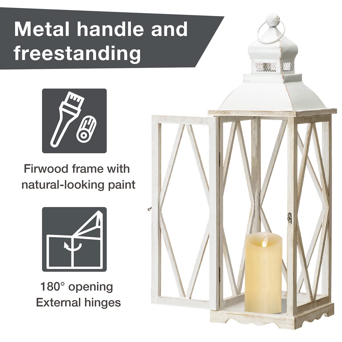 Glitzhome Farmhouse White Wood and Metal Hanging Candle Lanterns - Set of 2 Rustic Home Decor for Indoor/Outdoor, Patio, Garden, Wedding & Holiday Decorations