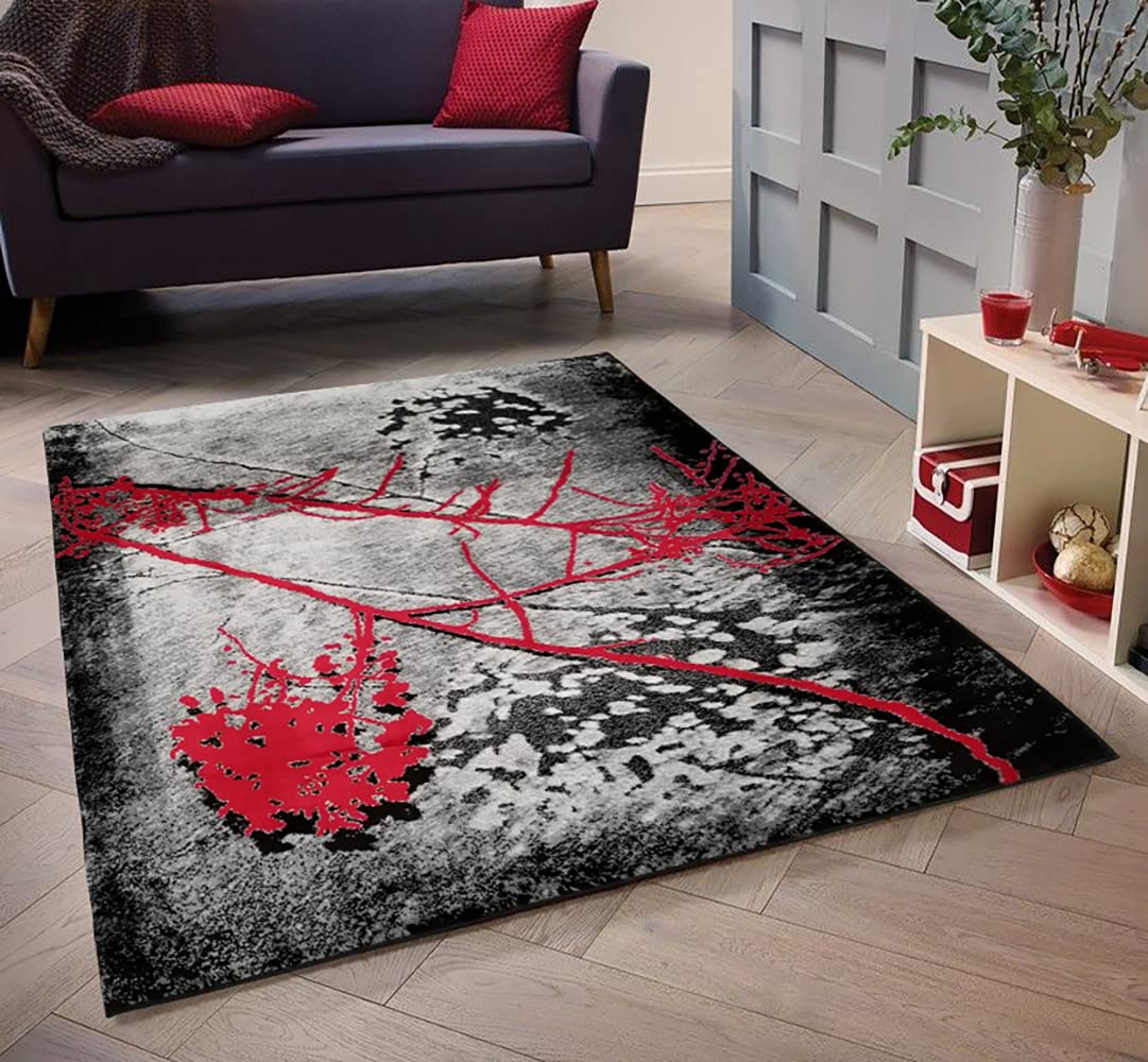 HT Design Modern Abstract Black & Red 7x10 Rectangular Area Rug - Easy Clean Pet Friendly Indoor Carpet for Living Room, Bedroom & Office Decor
