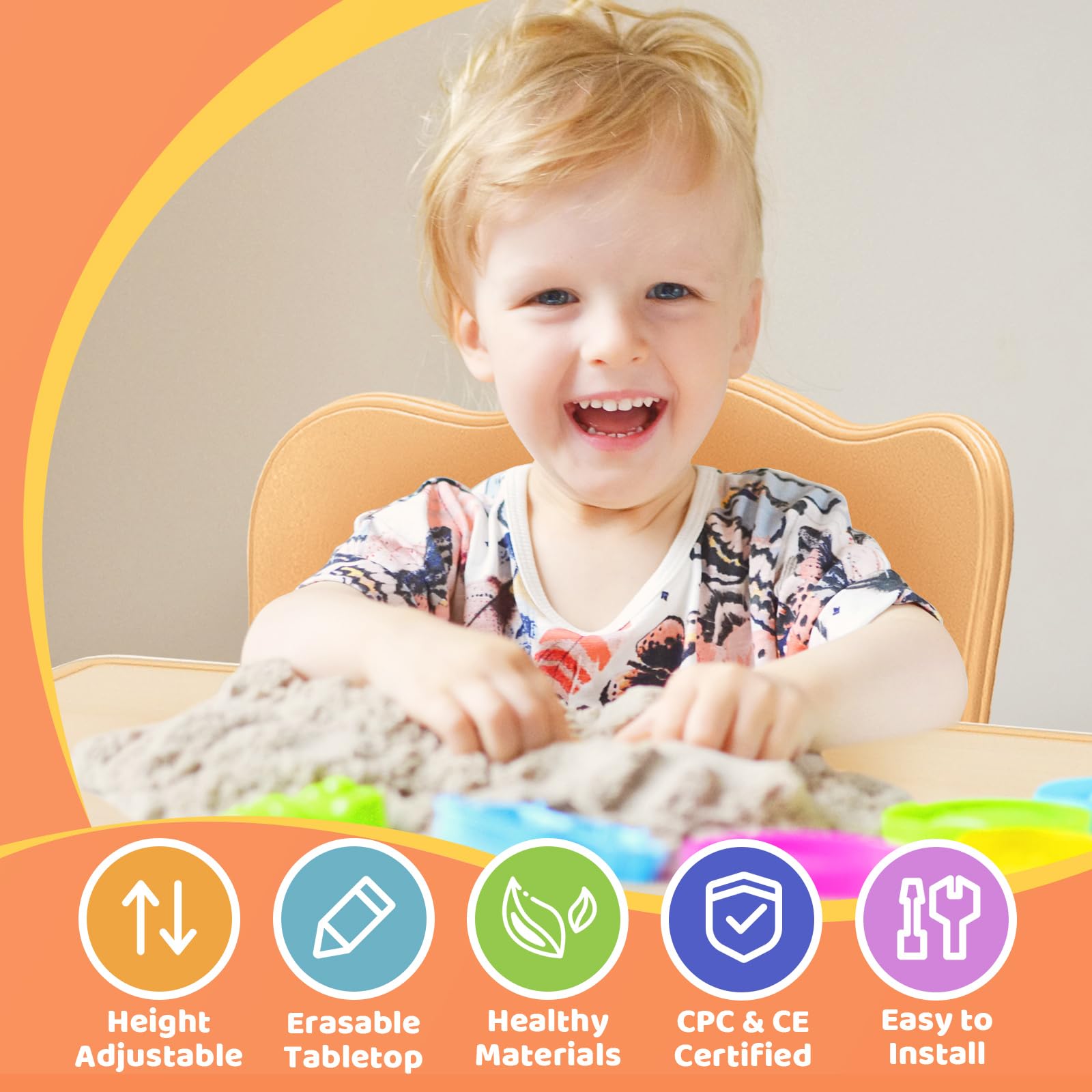 FUNLIO Adjustable Height Kids Table and 4 Chairs Set for Toddlers Ages 3-8 | Easy to Clean Arts & Crafts Table with Wipeable Surface | Perfect for Classrooms, Daycares, Playrooms & Home Use | CPC & CE Certified 5-Piece Set (Natural Wood) - Ideal for Drawing, Learning Activities & Playtime