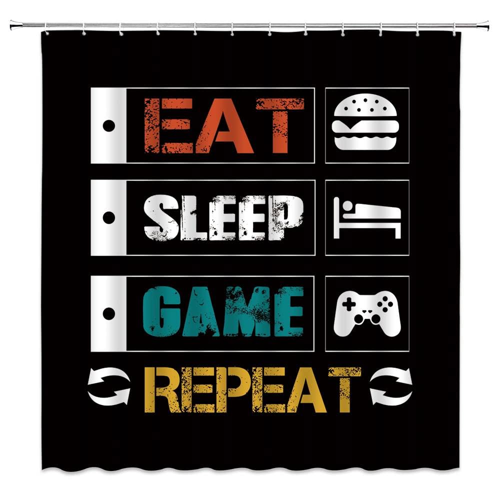 Funny Gamer Shower Curtain with Game Controller Design - Eat Sleep Game Repeat Quote - Waterproof Fabric Bathroom Decor for Video Game Lovers - Perfect for Gaming Themed Bathrooms and Gamer Gifts