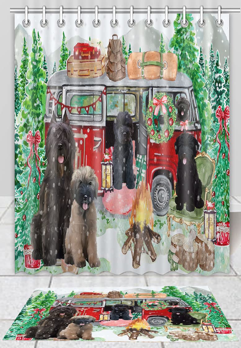 Christmas Themed Bouvier Dog Shower Curtain & Bath Mat Set - Soft Plush Polyester Bathroom Decor with Hooks (Mat 20x32in, Curtain 36x72in) - Perfect for Holiday Camping Trips & Festive Bathroom Decorations