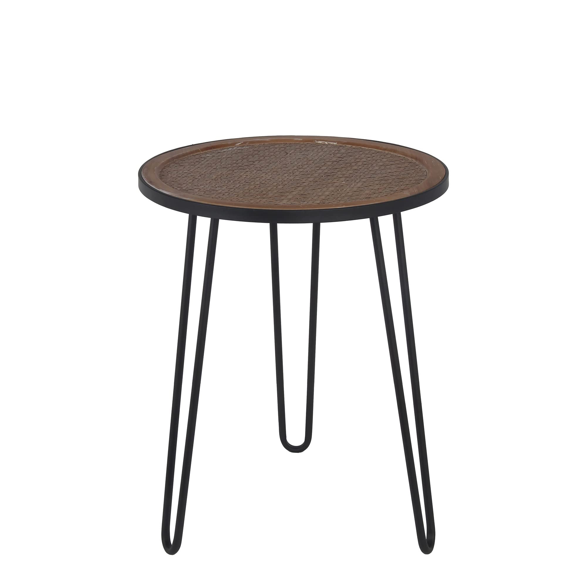 Benjara 24 Inch Round Metal Accent Table with Vinyl Weaving in Brown & Black - Perfect for Living Room, Patio, or Outdoor Decor