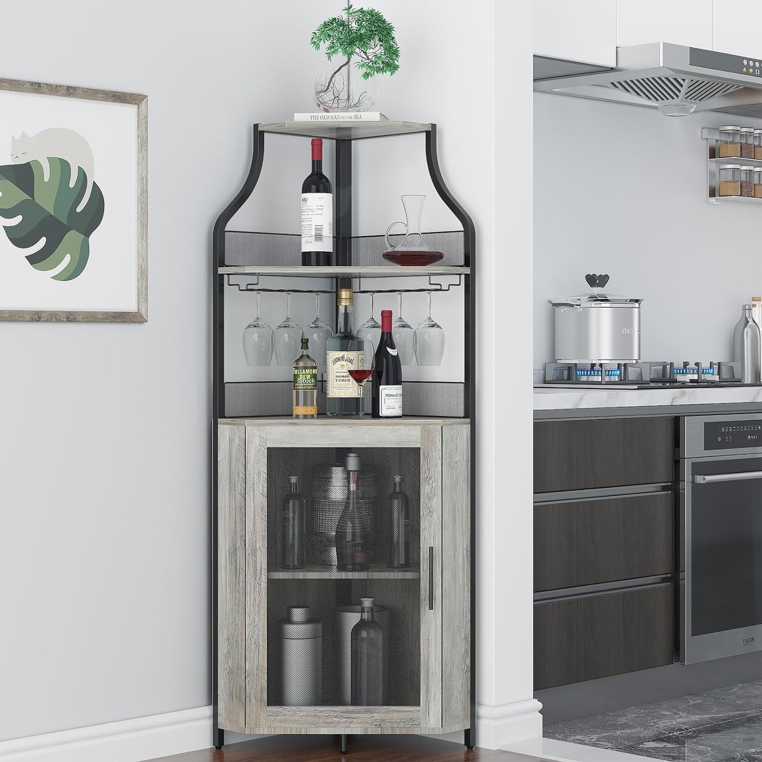 IDEALHOUSE 4-Tier Corner Wine Bar Cabinet with Large Storage Space, Detachable Wine Rack, Glass Holder & Mesh Door - Perfect for Home Bar, Dining Room or Living Room Decor (Grey)